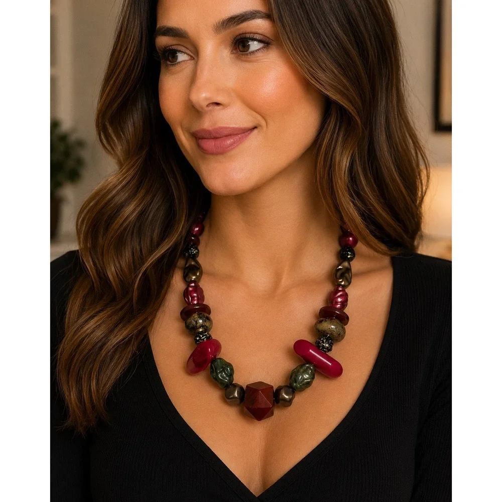 Teresa Goodall Chunky Artisan Bead Necklace Red Green Bronze Statement Jewelry